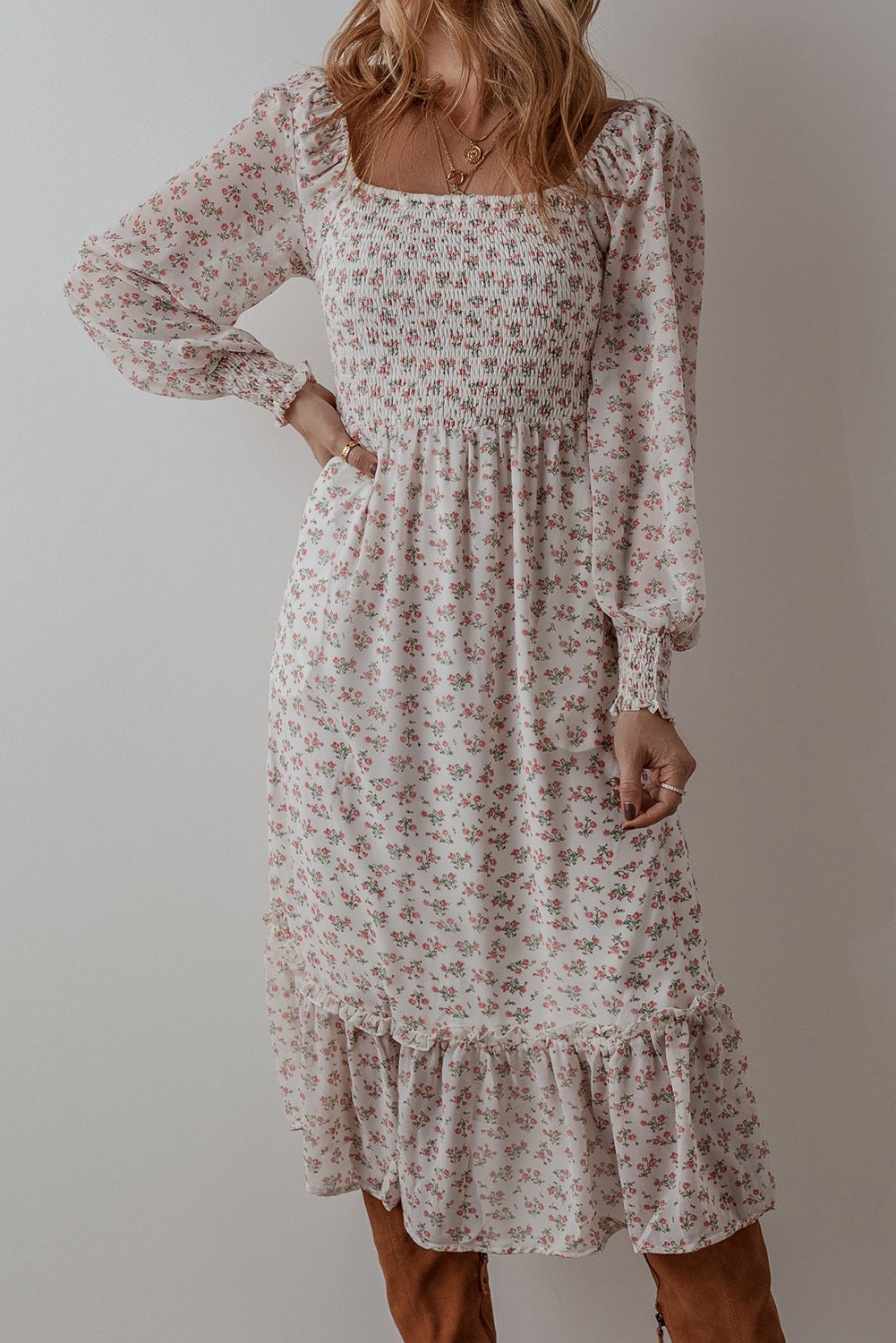 Floral Print Ruffled Hem Midi Dress
