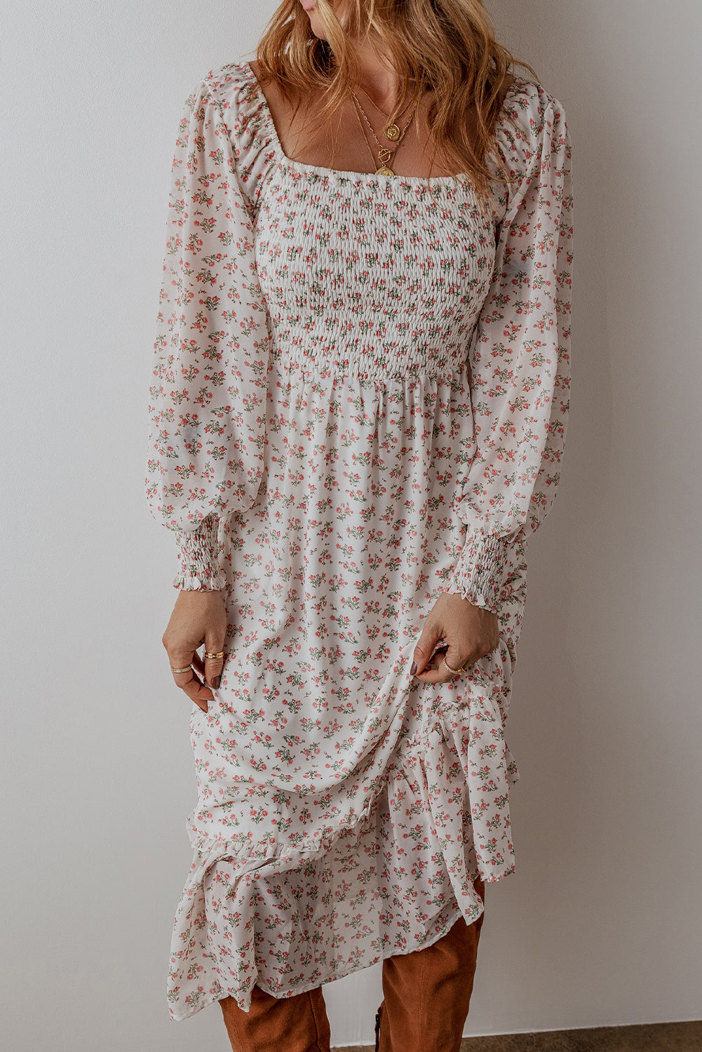 Floral Print Ruffled Hem Midi Dress