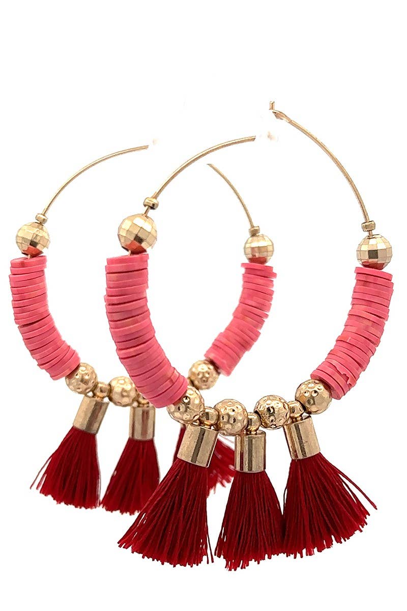 Pink & Gold Hoop Earrings with Red Tassels – Boho Statement Style