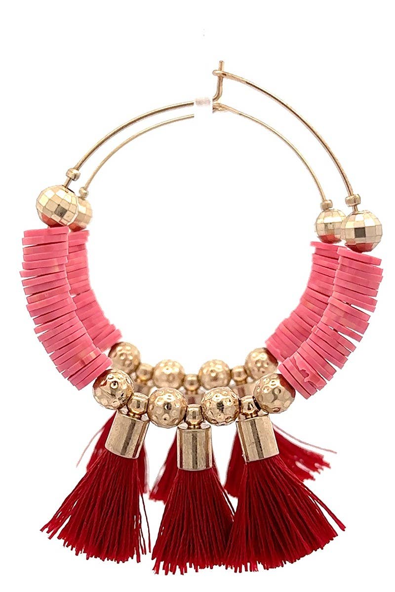 Pink & Gold Hoop Earrings with Red Tassels – Boho Statement Style
