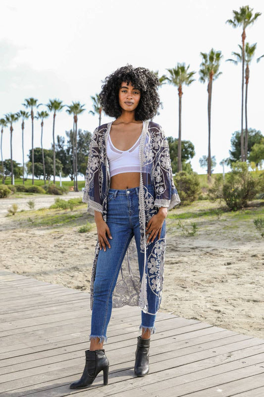 Contrast Mesh Cotton Lace Longline Kimono 🎀