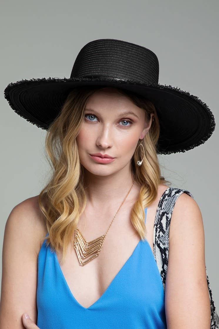 Wide Brim Frayed Straw Sun Hat