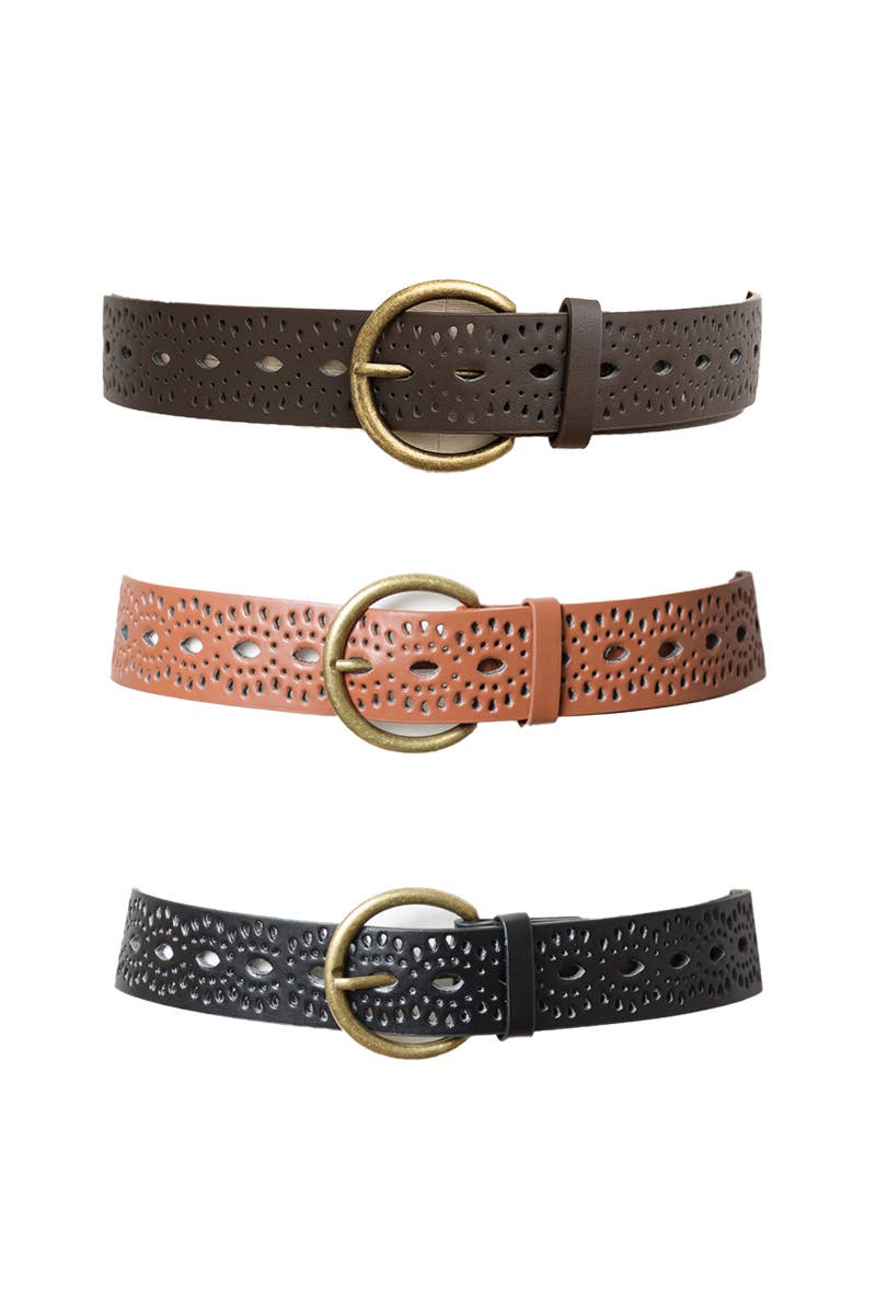 Stylish Perforated Faux Leather Belt – Round Buckle