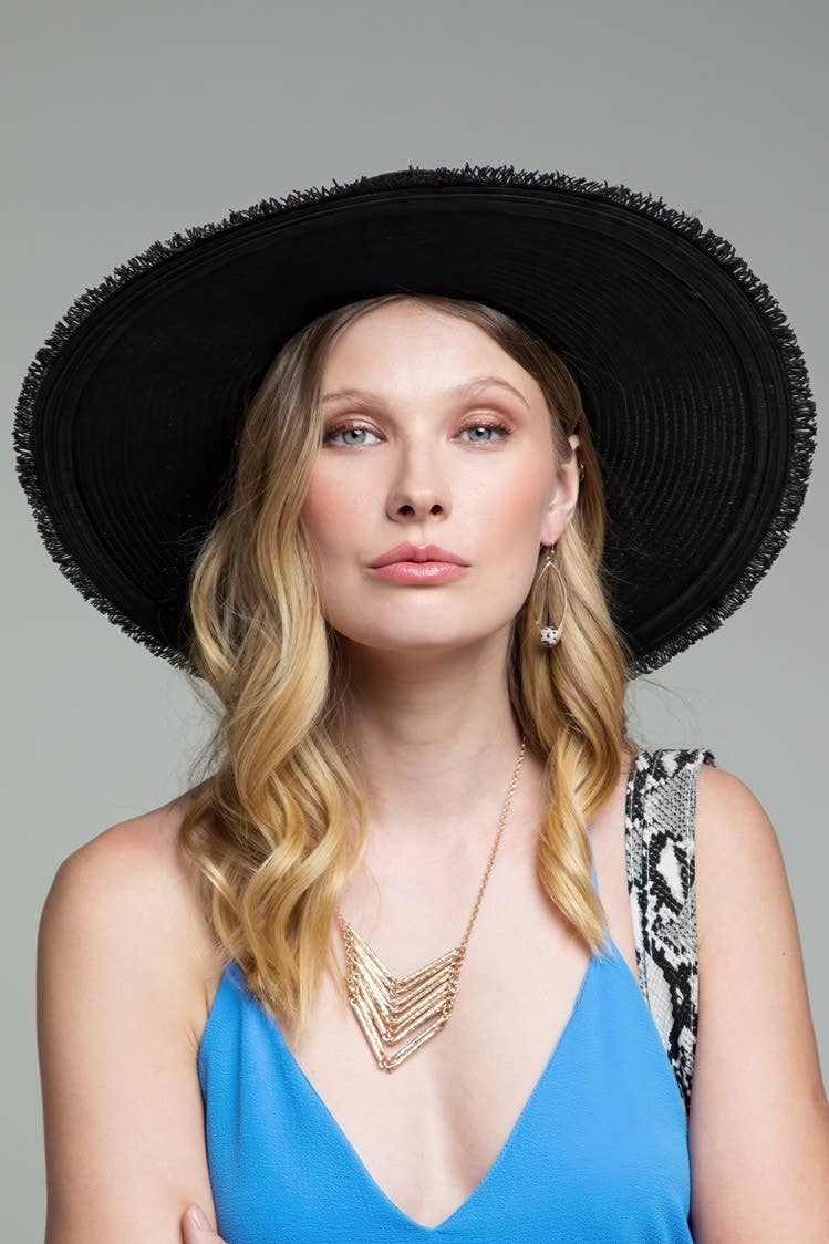 Wide Brim Frayed Straw Sun Hat