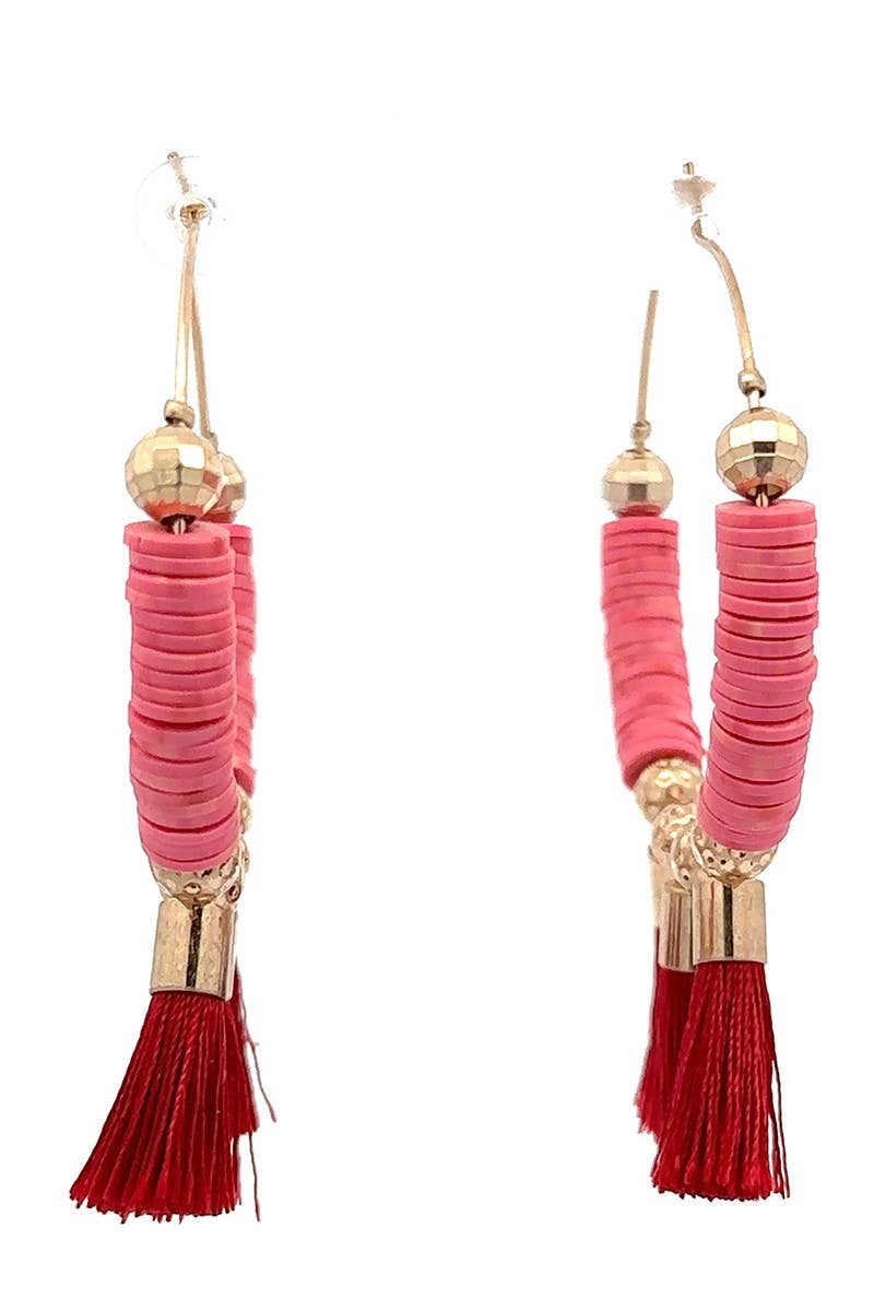 Pink & Gold Hoop Earrings with Red Tassels – Boho Statement Style