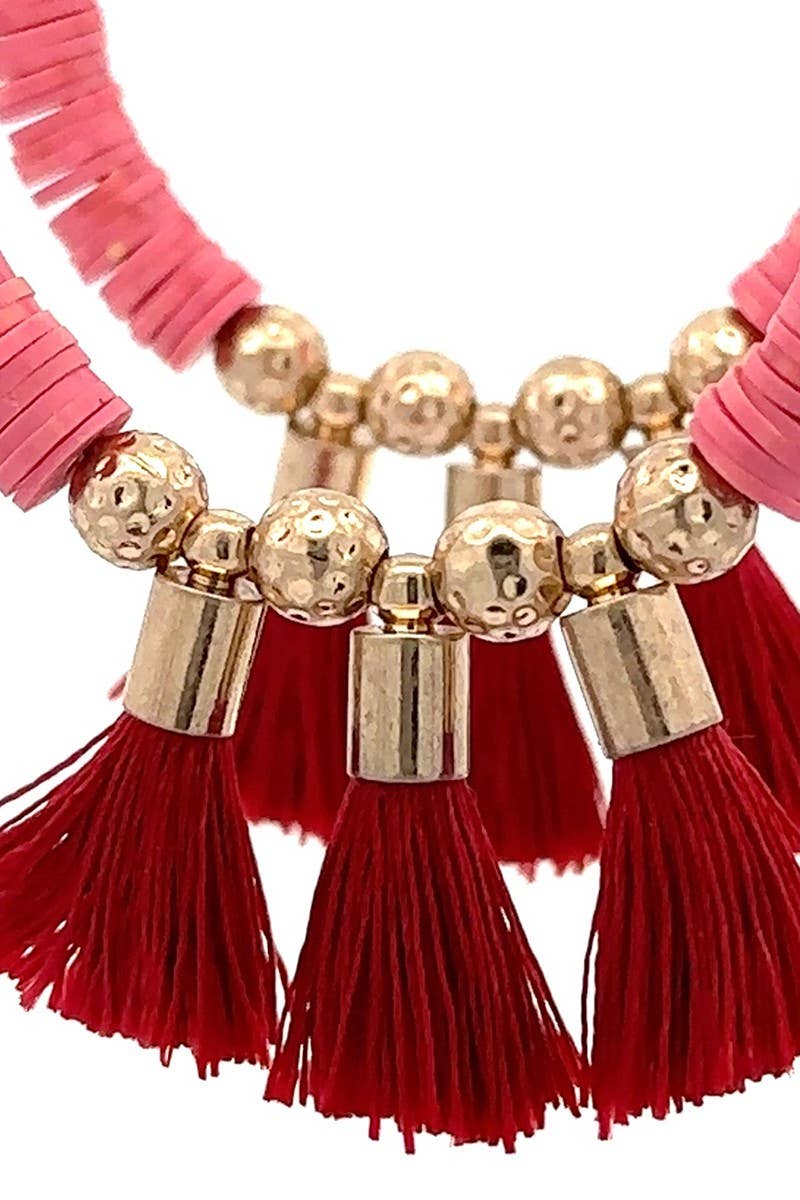 Pink & Gold Hoop Earrings with Red Tassels – Boho Statement Style