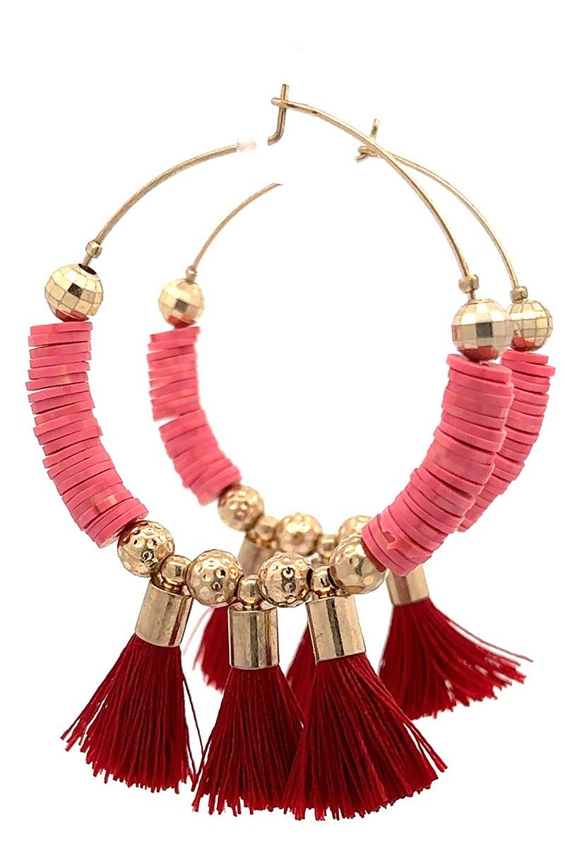 Pink & Gold Hoop Earrings with Red Tassels – Boho Statement Style