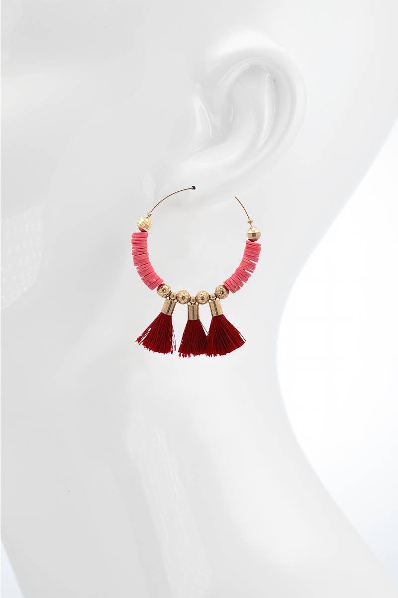 Pink & Gold Hoop Earrings with Red Tassels – Boho Statement Style